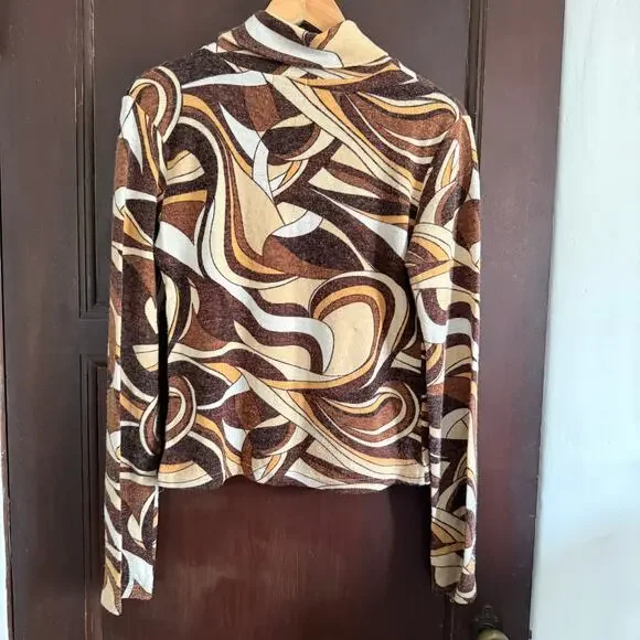90s vintage VALLEY GIRL | 90s does 70s Brown Groovy Swirl Turtleneck | Medium - Picture 2 of 4